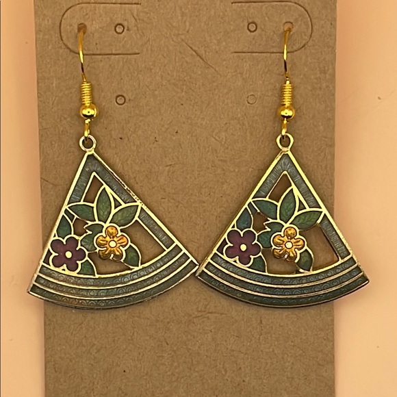 Jewelry - Gold Tone, Floral, Cut-Out, Sage Green, Cloisonné Dangle Earrings (CPD 132)